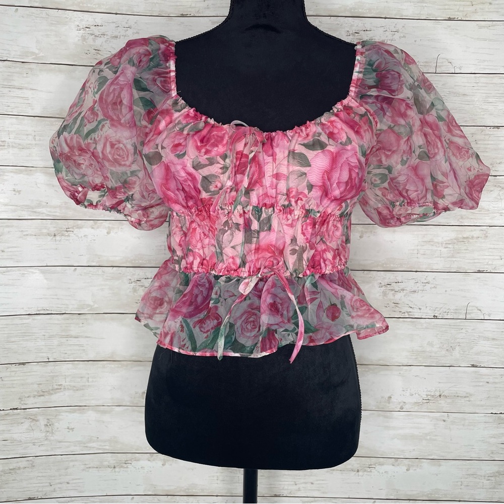 Joie Abboid Chic Floral Pink Blouse Puff Sleeves Bows Size M Milk Maid‎ Romantic